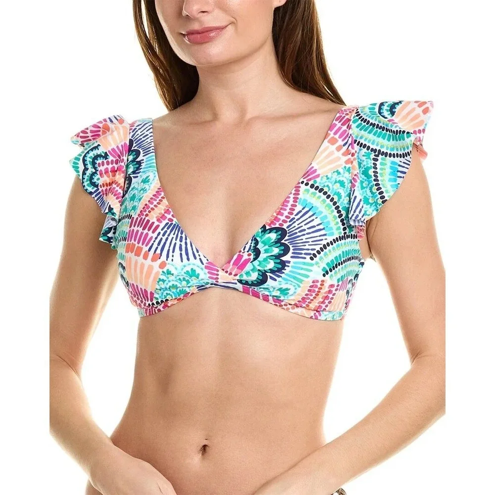 LA BLANCA V-Neck Ruffle Sleeve Bikini‎ Top Tie Back Multi Color Print Size 12